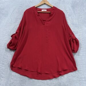 Roswear Tunic Blouse Women's 2XL Sweetheart Neckline Roll Tab Long Sleeve Red